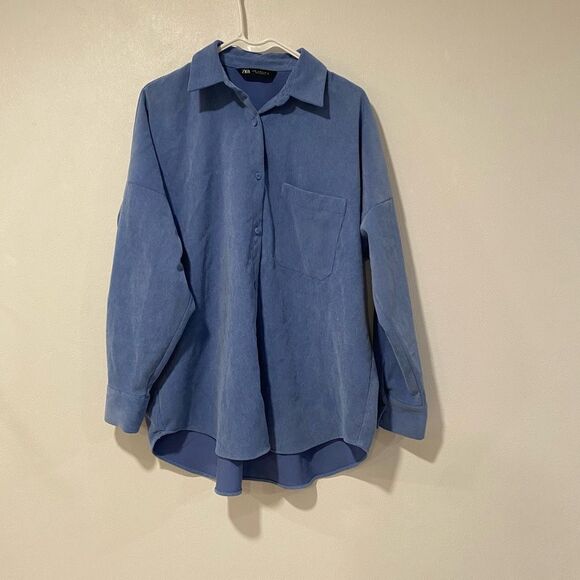 ZARA Blue Corduroy Oversized Button Down Shirt (M) - Picture 1 of 4
